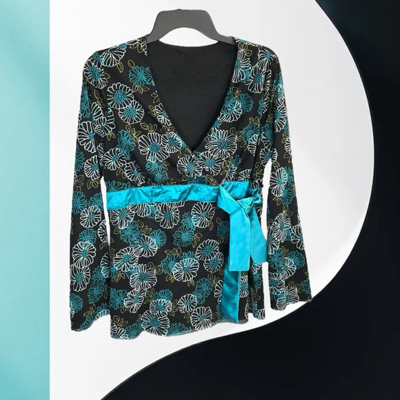 Unknown Tops - Unbranded Black Gold Dark Dusty Blue White Floral Lined Peplum Tie Blouse Wm Lg